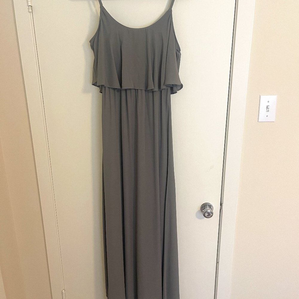 Show Me Your Mumu Caitlin Ruffle Chiffon Gown Size M in Soft Charcoal